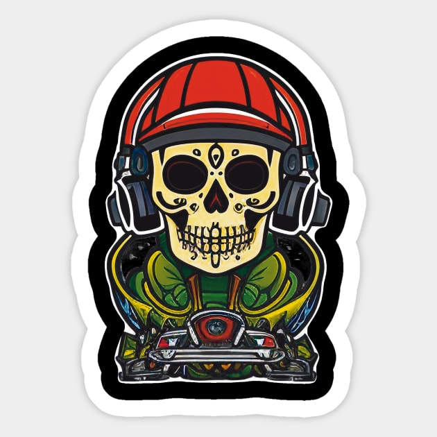 Pulsating Beats: Sugar Skull Art - Skeleton DJ Spinning Tunes with Headphones and Turntable Sticker by ImaginativeInkPOD